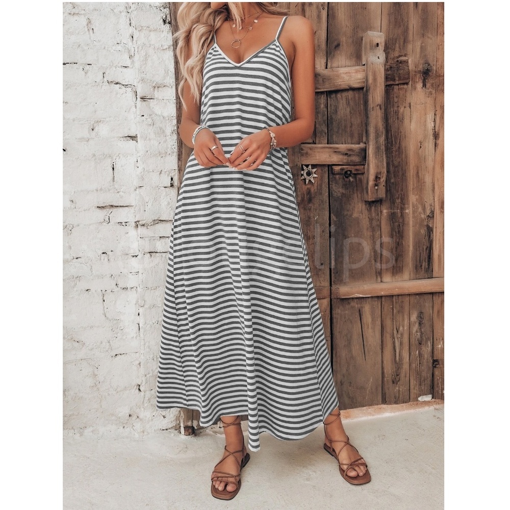 Loose Fitting Striped Cami Dress Maxi Long Flared V-Neck White Grey
